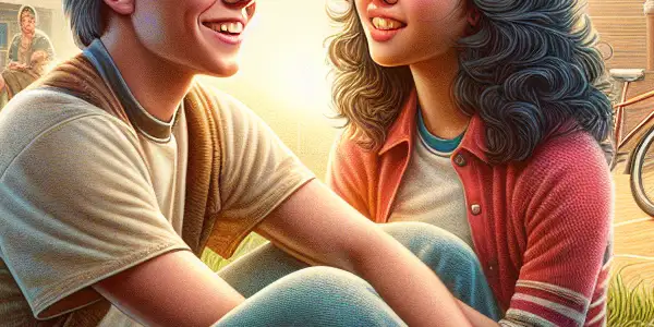 A nostalgic high school scene featuring a playful boy and a gentle girl amidst cherry blossoms and classmates.