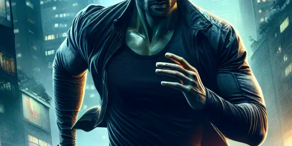 A determined figure races through a neon-lit city at dusk, pursued by shadowy figures in a tense chase.