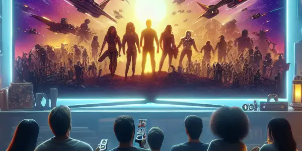 A diverse group of friends enjoying a movie night in a cozy living room with snacks and warm lighting.