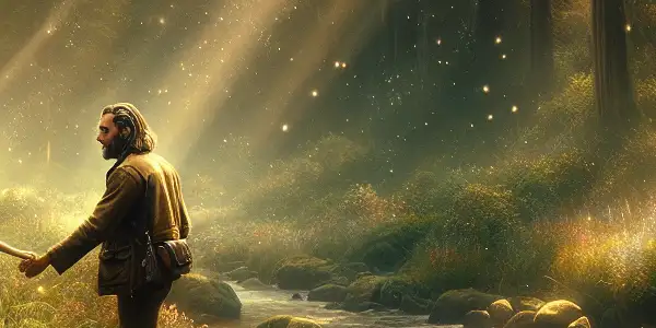 A couple embraces in a serene forest, surrounded by wildflowers and a gentle stream, evoking romance and adventure.