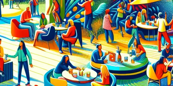 A vibrant community scene showcasing diverse individuals enjoying exciting activities and fresh experiences together.