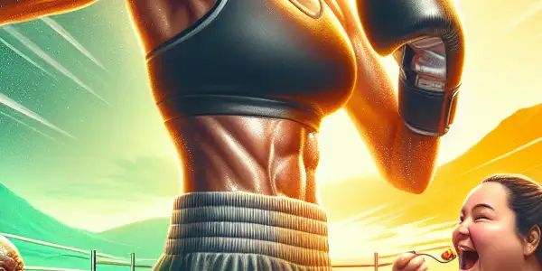 A dynamic movie poster showcasing a determined female boxer and joyful overweight characters sharing a healthy meal.