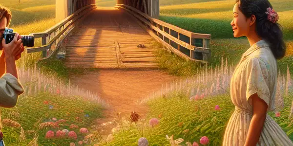 A romantic moment between a photographer and a woman by a rustic bridge in a picturesque Iowa landscape.