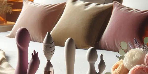 A cozy bedroom scene featuring modern pleasure devices, soft lighting, and romantic decor, suggesting intimacy and connection.