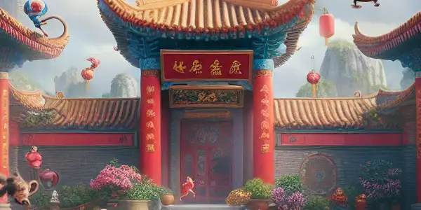 A lively courtyard scene with novice monks humorously training in martial arts, surrounded by colorful decorations and playful animals.