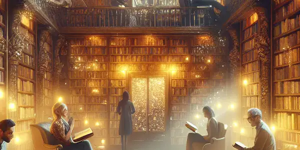 A diverse group of readers immersed in a cozy, enchanting library filled with glowing books and warm light.
