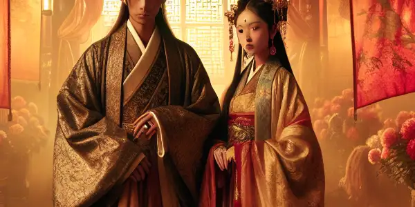 A lavish Ming Dynasty courtyard featuring Xi Menqing and Pan Jinlian in a moment of intense interaction.