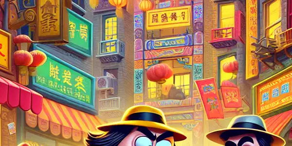 A bustling Chinese street scene featuring quirky characters in a humorous escapade, blending modernity with traditional elements.