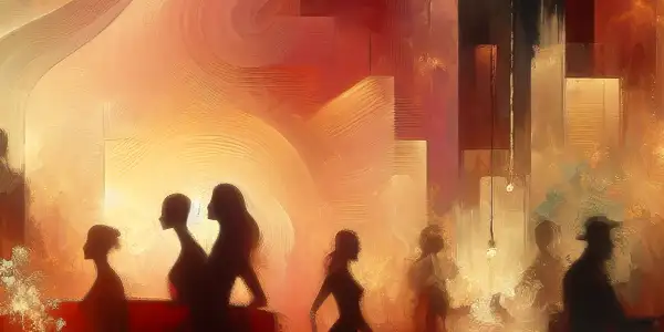 An elegant, abstract representation of intimacy and diversity in a romantic, luxurious lounge atmosphere.