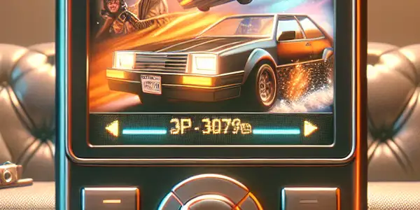 A nostalgic living room scene featuring an old mobile phone displaying classic movie clips, surrounded by cozy decor.