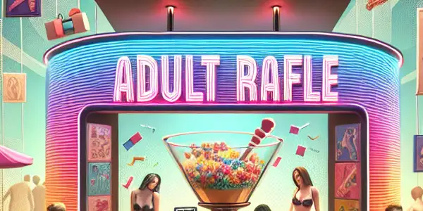 A lively raffle event with diverse adults excitedly engaging around a decorated booth featuring playful adult toys.