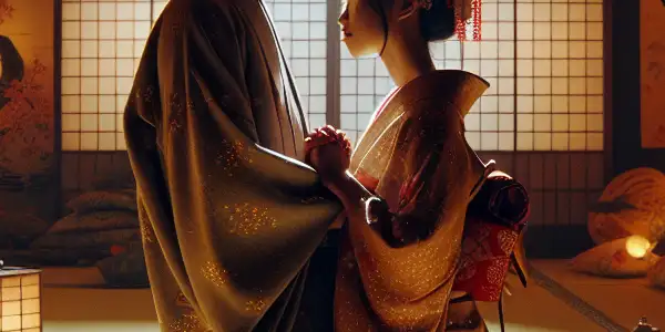 A couple shares an intimate moment in a serene traditional Japanese room, surrounded by soft lighting and cherry blossoms.