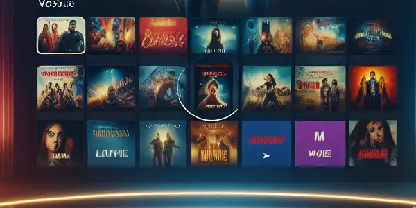 A cozy home theater interface showcasing vibrant movie genres with plush seating, popcorn, and inviting dim lighting.