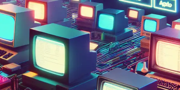 A vibrant retro-futuristic scene blending 1980s aesthetics with modern AI elements, exploring adult content searches in the digital age.