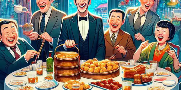 A lively family dining room scene with Huang Zihua humorously mediating a playful family argument over traditional Chinese dishes.