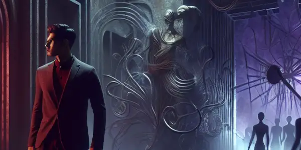 A contemplative figure navigates a dark, twisting maze filled with eerie lighting and hints of temptation.