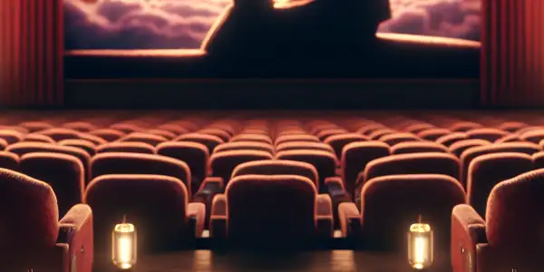 A cozy cinema scene with a couple silhouetted against a romantic film, surrounded by popcorn and heart-shaped lights.