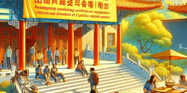 A lively Beijing Film Academy campus scene with diverse students engaged in film activities amidst modern and traditional architecture.