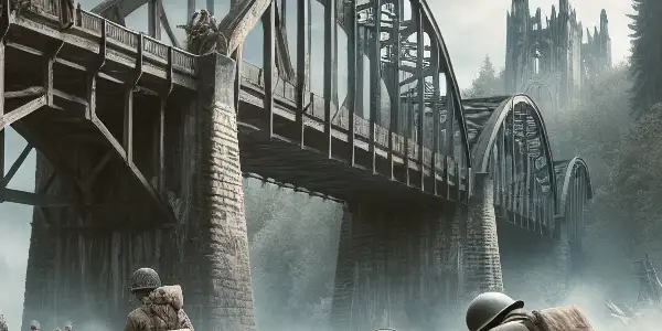 A group of determined Yugoslav partisans prepares for conflict near a dilapidated bridge during World War II.