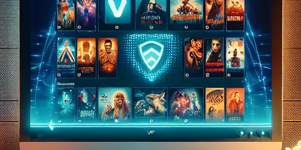 A cozy home setup featuring a computer displaying a vibrant movie download site with various genre posters.