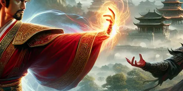 A dramatic martial arts confrontation between a glowing protagonist and a fierce antagonist in a mystical landscape.