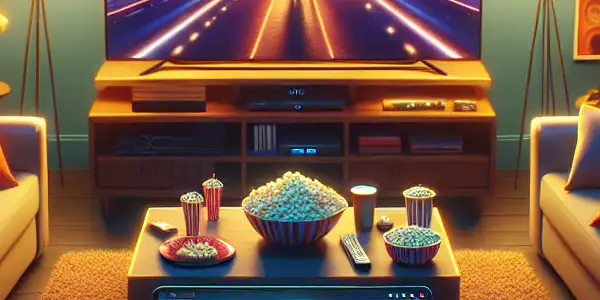 A cozy living room with a large TV, snacks, and a laptop showing a movie website for streaming.