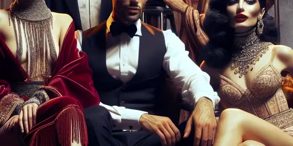 A glamorous film set showcasing diverse actors performing passionately in a vibrant adult entertainment scene.