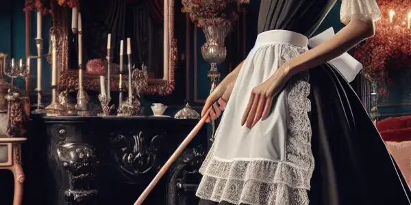A glamorous maid in a luxurious room, exuding elegance and seduction with vintage decor and soft lighting.