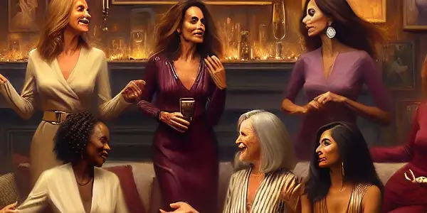 A lively gathering of confident mature women in a stylish living room, celebrating diversity and charisma.