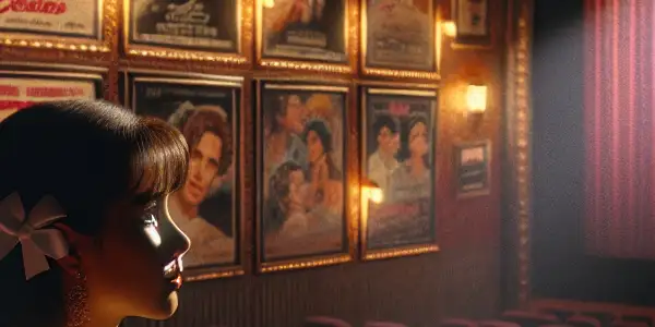 A nostalgic vintage movie theater scene featuring a young woman captivated by a film starring Ai Iijima.