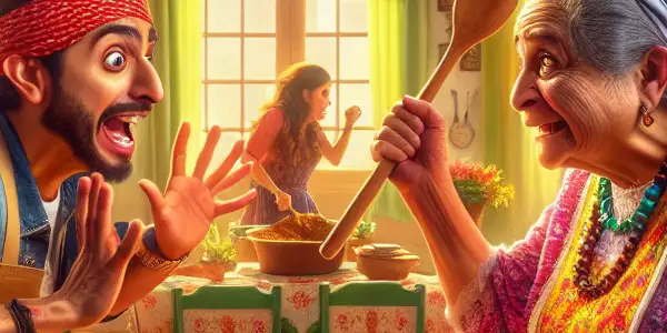 A humorous kitchen scene with a clumsy son-in-law and a playful mother-in-law amidst family chaos and warmth.