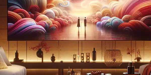 A modern Japanese living room with a romantic atmosphere, featuring a large TV, wine glasses, and intimate decor.