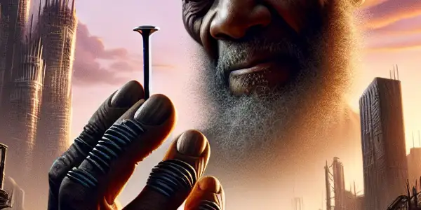 A determined middle-aged protagonist stands amidst urban decay, symbolizing resilience against societal pressures and demolition.