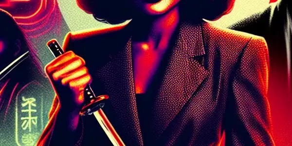 A fierce female assassin in a sultry outfit confronts danger in a gritty Hong Kong urban landscape.