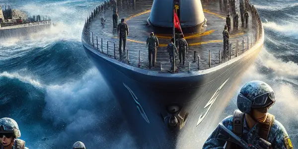 A tense naval battle scene in the South China Sea featuring a high-tech warship and heroic figures in action.