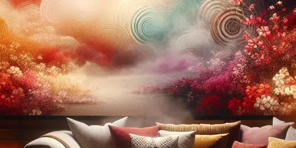 A cozy room with a plush sofa, ambient lighting, a large screen, and elegant wellness products for adult entertainment.