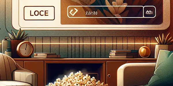 A cozy living room with a comfortable couch, large screen, popcorn, and a tablet for responsible adult viewing.