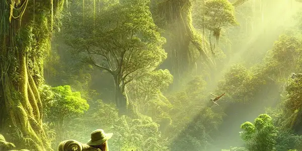 A rugged adventurer explores a vibrant jungle filled with wildlife and dappled sunlight, hinting at hidden allure.