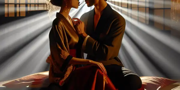 A couple in a dramatic embrace in a dimly lit room, conveying longing and emotional complexity amidst traditional Japanese decor.