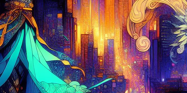 A vibrant, neon-lit cityscape at night featuring anime-inspired characters dancing playfully in colorful, intricate costumes.