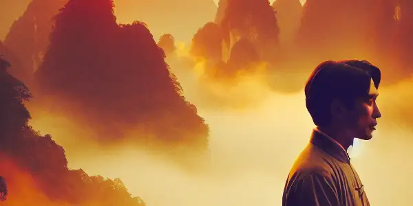 A romantic encounter between a couple in 1980s Chinese fashion against the backdrop of Lushan Mountain at sunset.