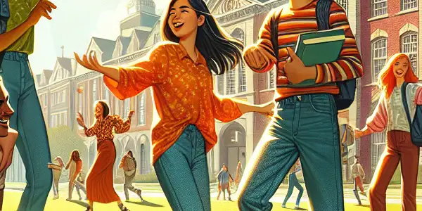 A lively university campus scene with diverse students engaging in conversation under sunny skies, surrounded by iconic buildings and greenery.