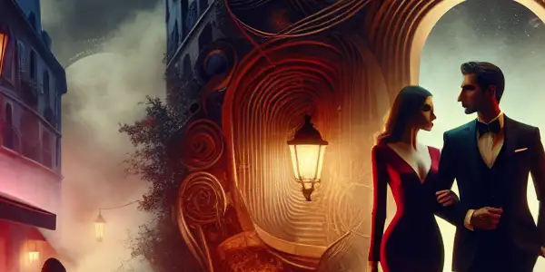 A stylish couple in an intimate pose amidst a romantic Parisian backdrop, evoking desire and intrigue.