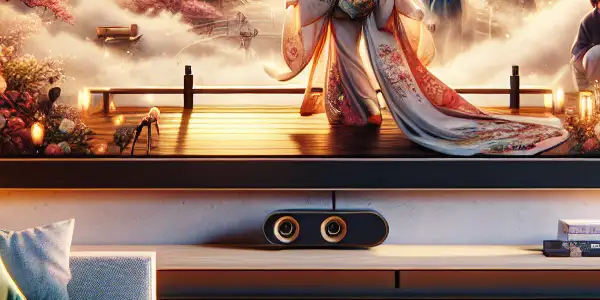 A cozy living room featuring a high-definition screen displaying an elegant, artistic moment from a Japanese adult film.