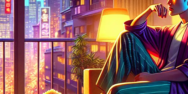 A solitary young man in loungewear contemplates city lights from his stylish apartment, surrounded by humor and introspection.