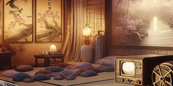A tastefully styled Japanese bedroom scene with ambient lighting, featuring a vintage film projector and abstract visuals.