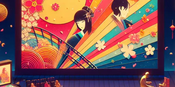 A vibrant film festival scene celebrating Japanese adult films, featuring colorful posters, a large screen, and an engaged audience.