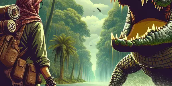A massive crocodile emerges from water in a dense jungle, with a determined adventurer facing it.
