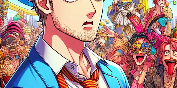 A chaotic party scene filled with diverse characters in humorous and absurd situations, showcasing exaggerated expressions and playful antics.