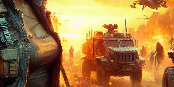 A powerful female warrior in tactical gear stands confidently in a chaotic post-apocalyptic landscape with explosions and futuristic vehicles.